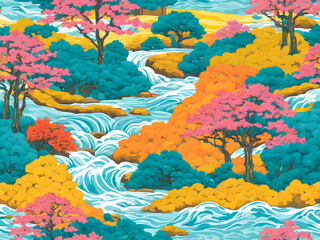 Seamless pattern with autumn trees and river. illustration.