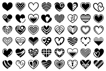 Heart icon illustrations collection. Set with black heart shapes isolated on white background.  - obrazy, fototapety, plakaty