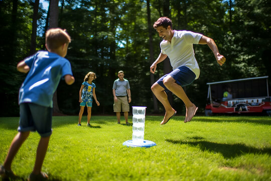 Happy father and son jumping on green grass during obstacle course in park