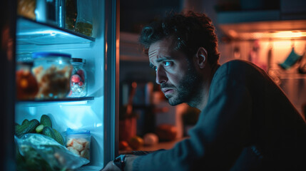 A hungry man looks into the refrigerator at night. - obrazy, fototapety, plakaty
