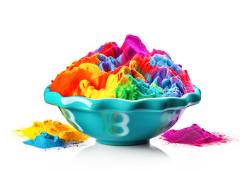 Bowl of Colorful Holi Colors with White Background and Copy Space