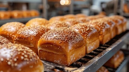 Bread Baking. A Commercial Kitchen Concept with Freshly Baked Loaves and Advanced Bread Production Technology
