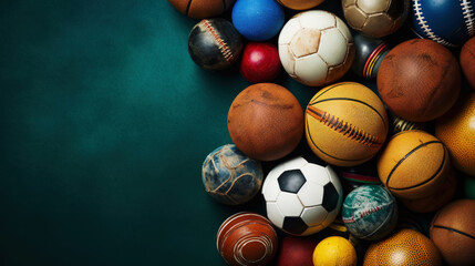 Variety of sports balls on green background, top view. Copy space. Sport advertising concept....