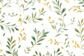 Seamless watercolor floral pattern - green & gold leaves, branches composition on white background, perfect for wrappers, wallpapers, postcards, greeting cards, wedding invitations, romantic events