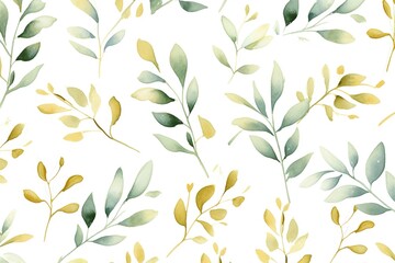 Seamless watercolor floral pattern - green & gold leaves, branches composition on white background, perfect for wrappers, wallpapers, postcards, greeting cards, wedding invitations, romantic events