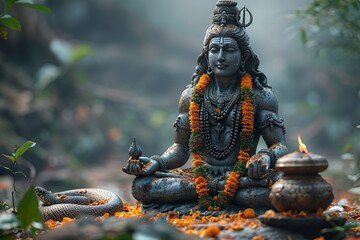 Shivaratri background with Shivas trident, Pellet Drum Damroo musical instrument ans snake . Maha Shivratri festval