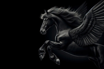 Majestic black horse with wings flying on solid black background. ai generative