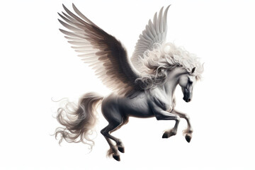 Majestic white horse with wings flying on solid white background. ai generative