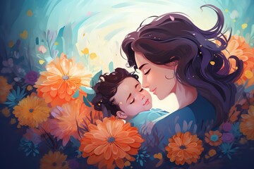 Illustration of mother with her little child, flower in the background. Concept of mothers day, mothers love, relationships between mother and child.