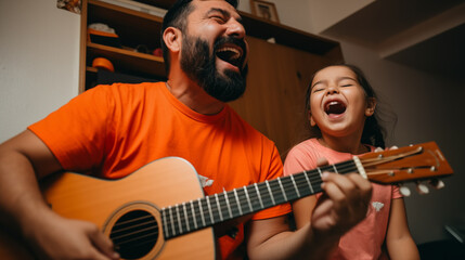 Pai e filha tocando violão e cantando juntos  - obrazy, fototapety, plakaty