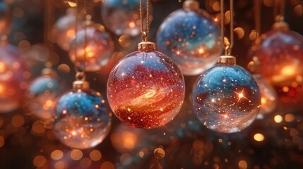 Obraz na płótnie Canvas Starry Ornaments. Christmas Balls Illuminated with Holiday Magic 