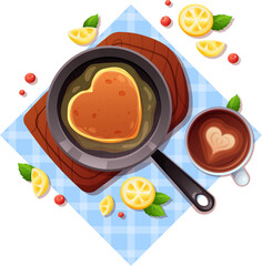 Frying pan with pancake fried in oil, cappuccino cup, fruits and berries on tablecloth. Vector illustration of traditional breakfast, Pancake Day - obrazy, fototapety, plakaty