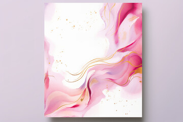 Modern abstract luxury wedding invitation designs or card templates for birthday greetings or invitations on valentines day with pink watercolor waves or fluid art in alcohol ink with gold.