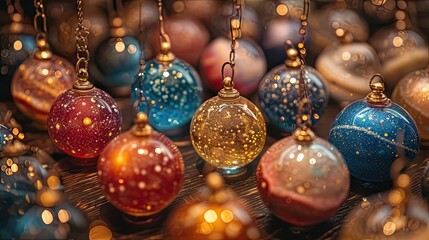 Fototapeta na wymiar Starry Ornaments. Christmas Balls Illuminated with Holiday Magic 