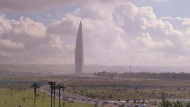 Scenic View of Mohamed VI Tower on a cloudy day. Rabat, Morocco