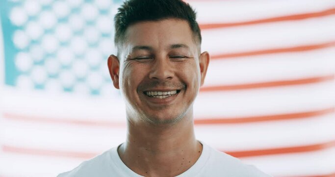 Man, face and American flag for patriotism on independence day, happy and symbol of freedom. Male person, portrait and celebration on fourth of July, smile and US citizen by sign of empowerment