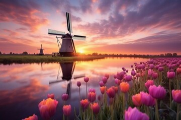 Enchanting fairyland with picturesque windmills and tulips in Kinderdijk, Netherlands during sunrise. Generative AI - obrazy, fototapety, plakaty