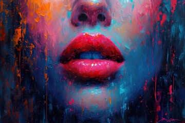 painting abstract art of female pink red lips mouth. - obrazy, fototapety, plakaty