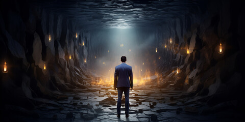 A man walking into a tunnel with a fire coming out of it
 - obrazy, fototapety, plakaty