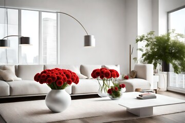 modern living room with red flowers