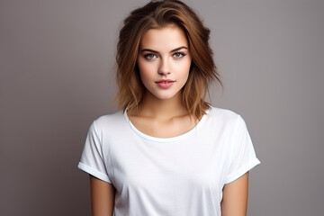 Obraz premium Woman in White Tshirt Mockup created with Generative AI