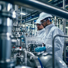Two engineers in lab coats and safety helmets are working attentively with complex machinery in an industrial chemical plant.
