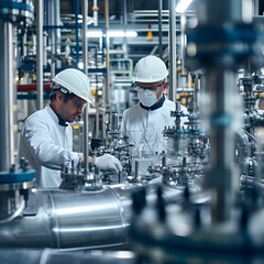 Two engineers in lab coats and safety helmets are working attentively with complex machinery in an industrial chemical plant.
