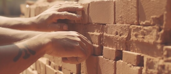 close shot Masons install bricks on a wall to build a building - obrazy, fototapety, plakaty