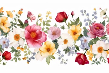 Seamless floral border. Isolated fresh flowers on white background. Seamless repeat pattern for poster, greeting cards, wedding invitation, headers, baner, website. Digital art