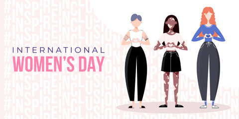 International Women's Day banner, poster. Inspire inclusion campaign. Group of women in different ethnicity, age, body type, abilities, hair color and more. Vector illustration in flat style.	