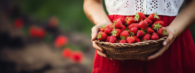 Woman holds freshly picked strawberries in her hand. selective focus. Generative AI, - obrazy, fototapety, plakaty