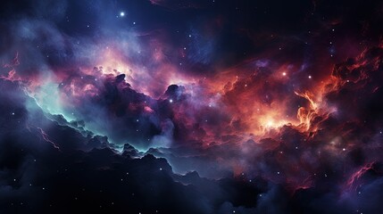 Abstract Dreamy Background Wallpaper Template of Nebula Sparkling Stars Stardust Galaxy Space Universe Astro Cosmos Danger Dangerous Hell Online Game Monster Devil Fantasy Colorful Tone 16:9  - obrazy, fototapety, plakaty