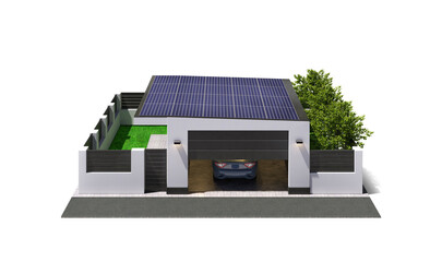 Garage with a fence, isolated on a white background. 3d illustration - 712359023