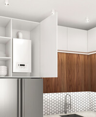 Open kitchen cabinet and gas boiler - hidden boiler inside furniture. 3d illustration - 712359057