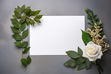 top view of white blank card near paper flowers with green leaves on grey background