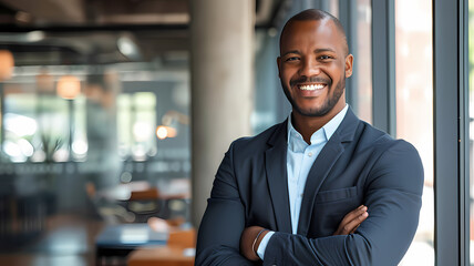 a portrait of a black male business man entrepreneur smiling  - obrazy, fototapety, plakaty
