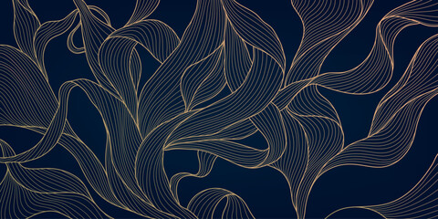 Vector art deco flower pattern, gold line luxury background, floral leaves texture, elegant plant illustration. Nature drawing wallpaper. - obrazy, fototapety, plakaty