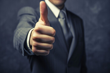 Businessman hand thumb up for client the best satisfaction evaluation survey after use product and service concept