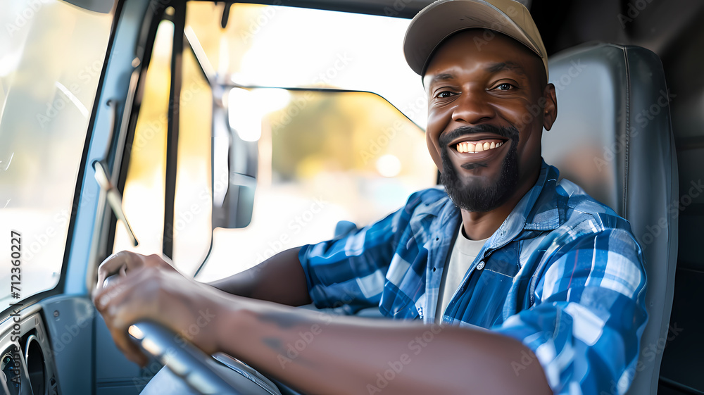 Wall mural a black male truck driver smiling while driving a truck