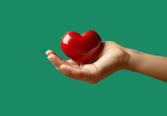 Fototapeta premium Symbol of Love: Gentle Hand Holding a Red Heart Against Green Background - Made with Generative AI (Midjourney)
