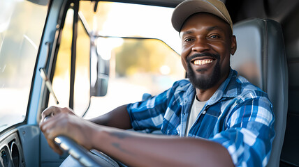 a black male truck driver smiling while driving a truck - obrazy, fototapety, plakaty