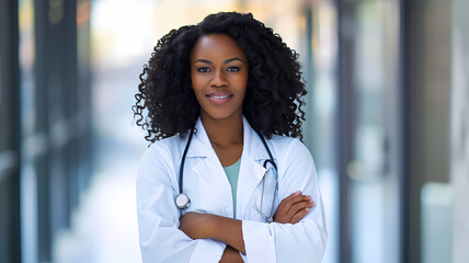 a black woman doctor wearing a white lab coat and standing confidently