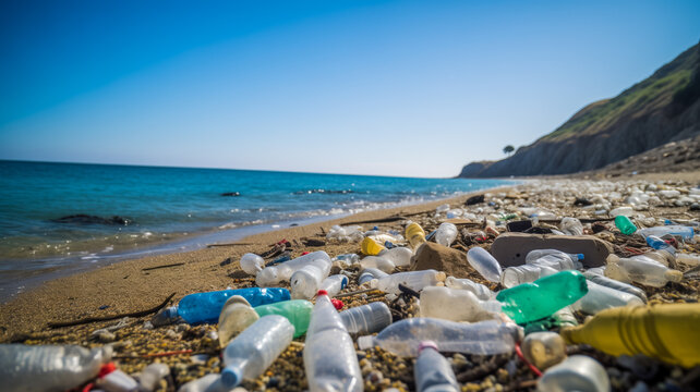 Plastic pollution crisis on scenic beach with clear blue water