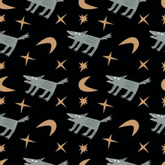 Seamless wolf pattern. Stylized modern vector illustration. Wolf, moon and stars on a black background. For packaging, sketchbook, notepad, children's clothing, wrapping paper.
