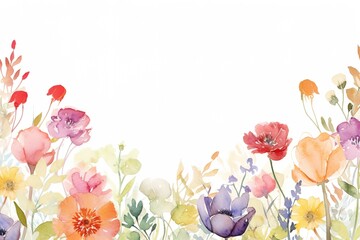 Watercolor Blank greeting card template with beautiful flowers around