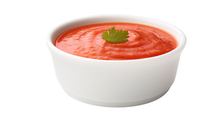 Small White Cup of Hot Tomato Salsa Sauce on a transparent background - obrazy, fototapety, plakaty