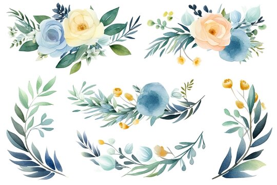 Watercolor floral illustration bouquet set - collection of green blush blue yellow pink frame, border, bouquet; wedding stationary, greetings, wallpaper, fashion, posters, background. Leaves, rose