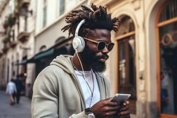 A handsome young African American man with a beard and headphones listens to music with a smartphone in his hands while walking along a city street in summer