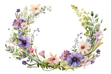 Watercolor floral wreath. Hand painted frame of greenery, wildflowers, herbs. Green leaves, field flowers isolated on white background. Botanical illustration for design, print or background