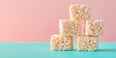 Stacked Rice Cereal Treats on flat Pastel background with copy space. Rice cereal marshmallow squares snack.